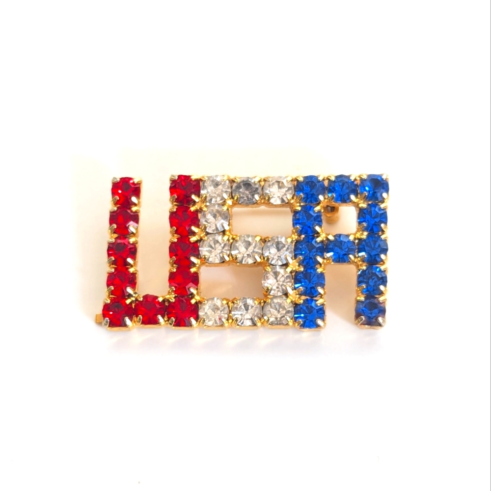 Vintage Glass Rhinestone Red White Blue USA 4th Of July Americana Brooch